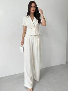 Firerie Bộ đồ vest thường ngày ve áo cổ bẻ tay ngắn hai hàng khuy trơn màu dành cho nữ và quần ống rộng - Màu be - Xem 6