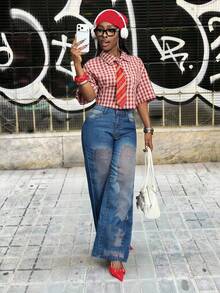 Slaydiva Women's Fashion High Waist Wide Leg Washed Denim Jeans - Blue - View 6