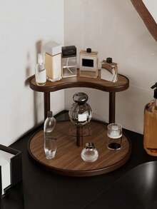 Vintage Solid Wood Vanity Skincare Storage Rack Multi-Tier Lipstick Perfume Cosmetics Organizer Suitable For Dining Table Countertops Teacups, Water Glasses, Coffee Mugs & Tea Sets Storage Home Double-Tier Shelf,Makeup Bag,Travel Essential - Walnut - View 6
