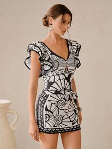 Swim Oasis 2件套女士螺旋贝壳印花荷叶袖系带露背连体泳衣+裙罩衫沙滩泳装套装，海滩度假 - 黑與白 - 查看 11