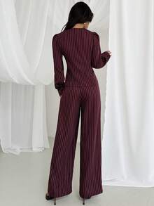 Firerie 女士优雅简约时尚通勤都市新款复古甜心领条纹腰部衬衫上衣和高腰阔腿裤两件套，酒红色 - 酒紅色 - 查看 8