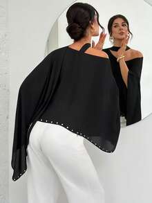 Firerie 女士休闲优雅露肩上衣，铆钉装饰上衣/宽松上衣/休闲上衣/可爱上衣/黑色上衣 - 黑色 - 查看 4