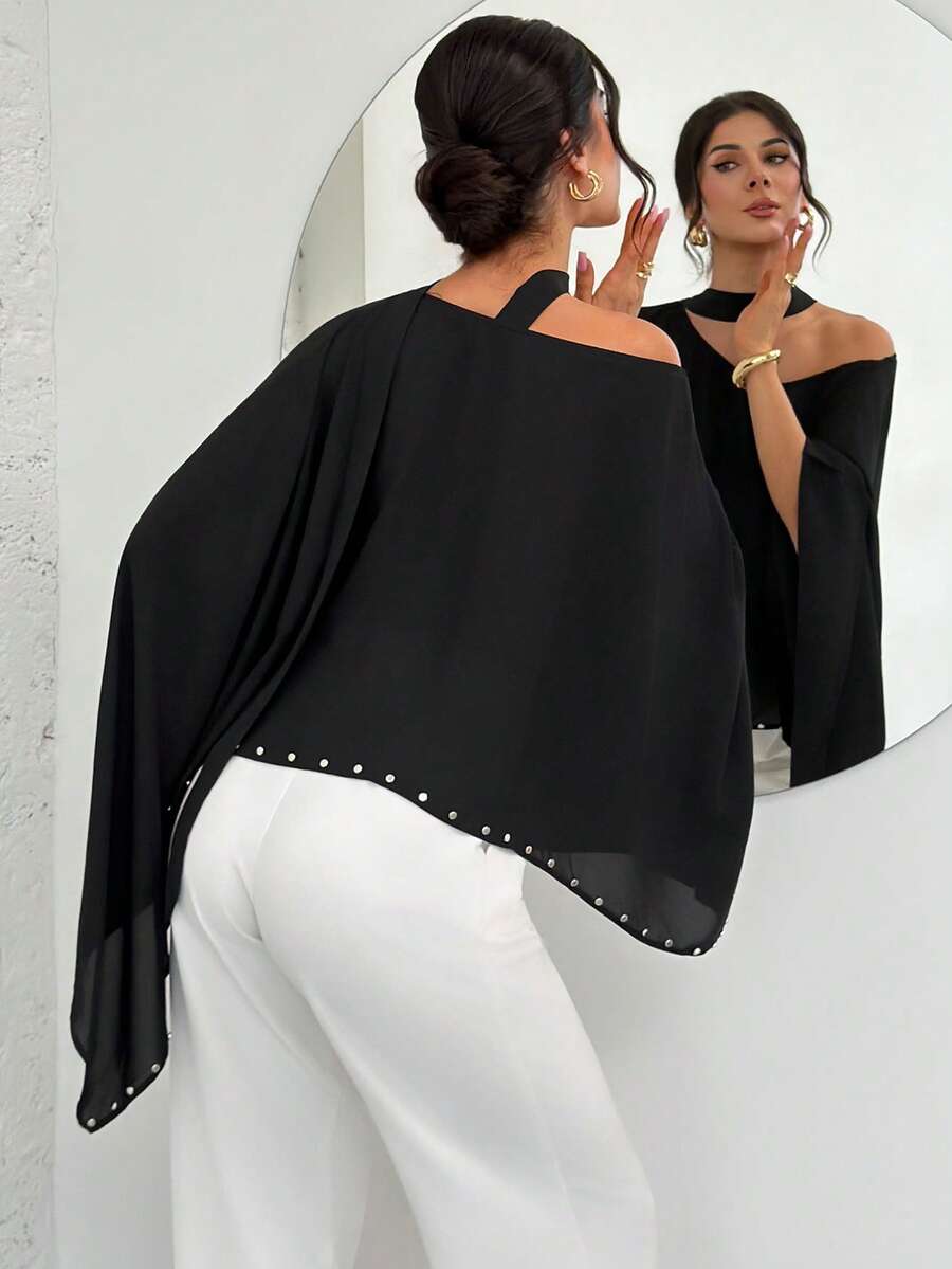 Firerie 女士休闲优雅露肩上衣，铆钉装饰上衣/宽松上衣/休闲上衣/可爱上衣/黑色上衣 - 黑色 - 查看 1