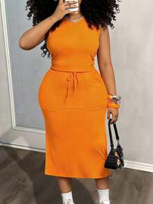 Slaydiva 春夏新款音乐节、复活节、圣帕特里克节、西部风、游牧风、生日派对、波西米亚风、通勤、早午餐、机场穿搭 大码女式纯色圆领背心和半裙套装 两件套半裙套装，夏季穿搭 - 橘色 - 查看 2