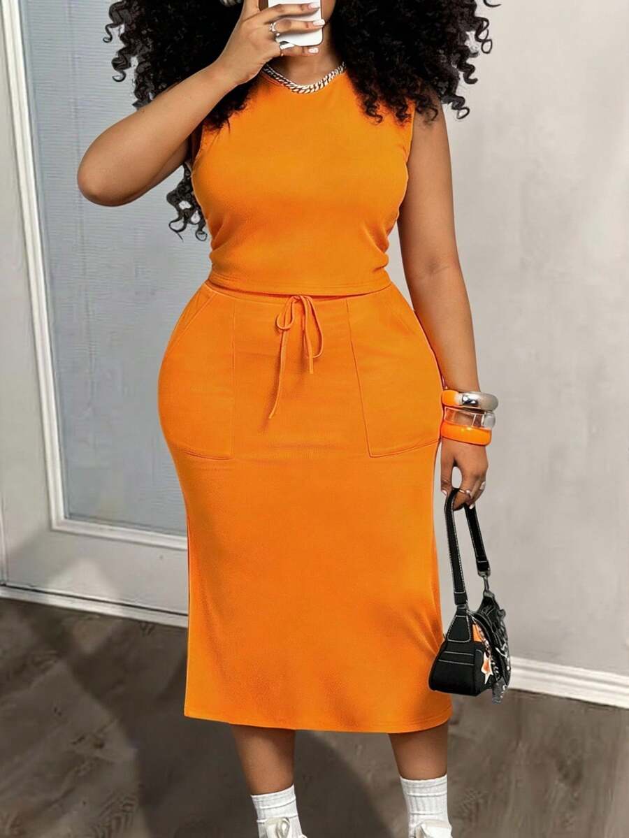 Slaydiva 春夏新款音乐节、复活节、圣帕特里克节、西部风、游牧风、生日派对、波西米亚风、通勤、早午餐、机场穿搭 大码女式纯色圆领背心和半裙套装 两件套半裙套装，夏季穿搭