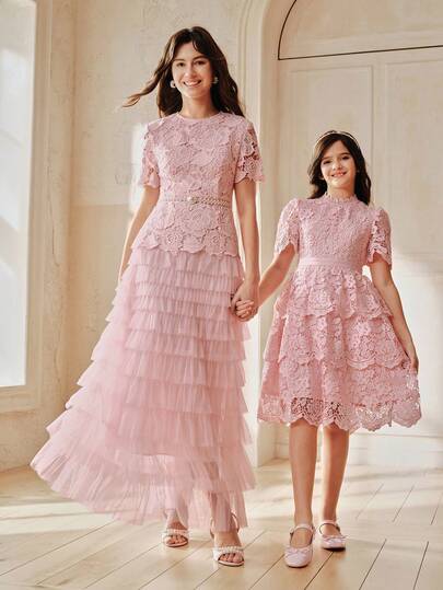 Anewsta Girls' Lace Cake Dress, Long Sleeve Pink Summer Dress For Toddler & Big Tween Girl