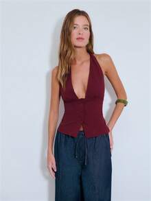 Nöista Top halter de cuadros burdeos con escote en V profundo y cierre delantero con botones. Se ata en el cuello. Ideal para primavera, verano, Pascua y días festivos. - Burdeos - Ver 1