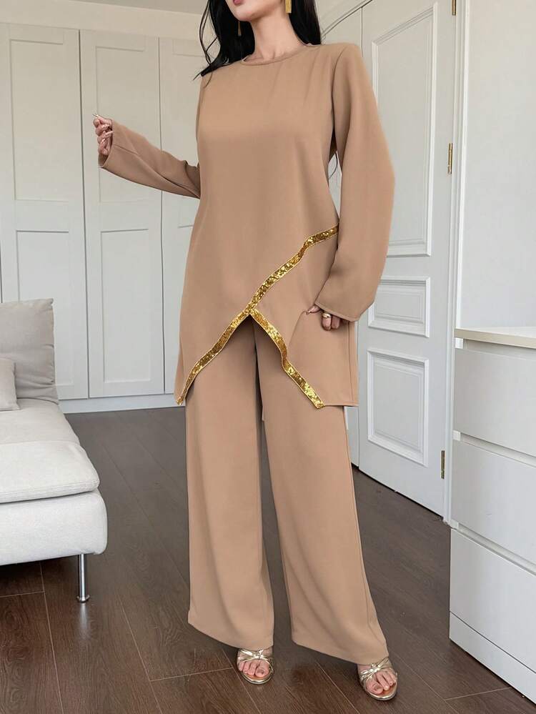 Women's Elegant Sequin Patchwork Asymmetric Hem Pullover Sweater And Wide Leg Pants 2 Pieces Set, Spring/Summer