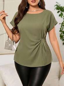 Reflora Plus Size Olive Green Summer Smart Casual Office Blouse,Solid Rolled Sleeve Waist Ruched Elegant Minimalist Short Sleeve Tie Front Top For Mother - Green - View 2