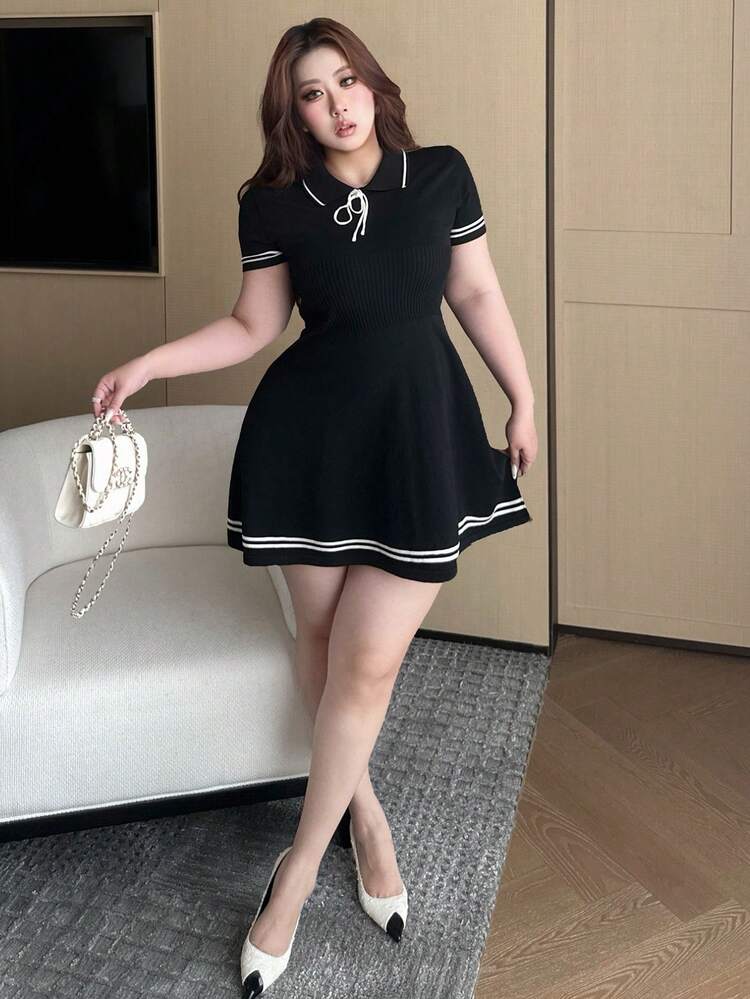 Color Block Splice Bodycon Preppy Style Polo Collar Short Sleeve Mini Sweater Dress, Spring/Summer