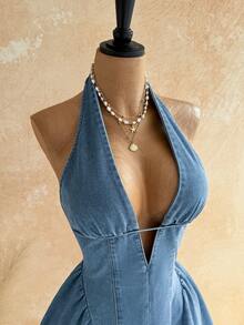 Soleia Đầm denim cổ chữ V sâu gợi cảm dành cho nữ - Màu xanh lam - Xem 4