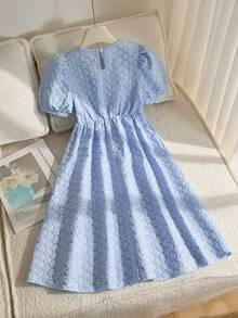 Girls' Elegant Floral Jacquard Petal Sleeve Dress With Bow Decor, Suitable For Daily, Casual, Holiday, Party - Baby Blue - View 2