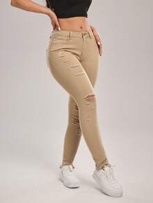 SHEIN Tall Women's Pocket Button Distressed Casual Versatile Daily Wear Denim Jeans - Apricot - View 4