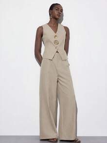 Aveloria Modichic 女士不对称金属扣无领修身背心和直筒裤两件套 - 卡其色 - 查看 5