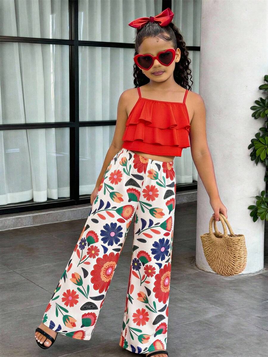 SHEIN Bộ đồ đi nghỉ hè cho bé gái, áo hai dây xếp tầng + quần ống rộng in hoa, kiểu dáng thanh lịch thường ngày, phối màu hài hòa, thích hợp cho dã ngoại, đi biển, chụp ảnh, mặc hàng ngày. - Nhiều màu - Xem 1