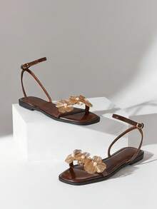 Solezae Sandal đế bằng quai ngang mắt cá chân họa tiết hoa, thời trang và thoải mái dành cho nữ. - Màu nâu Sô-cô-la - Xem 4