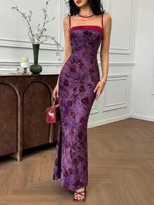 EastFlair Đầm nữ in hoa, dáng ôm, đuôi cá, dây mảnh, thanh lịch. - Màu đỏ tím - Xem 4