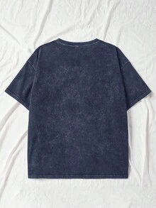 SHEIN EZwear 女士海军蓝复古做旧宽松休闲T恤，春夏女式超大码T恤，落肩T恤，深蓝色上衣，宽松版型上衣，落肩T恤，女士休闲装，夏季女式上衣，女士纯棉上衣 - 藏蓝色 - 查看 7
