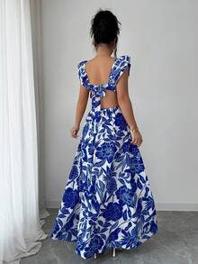 Elenzga 女士优雅无袖A字型蓝白碎花连衣裙，收腰设计，适合海滩、旅行、度假穿着 - 藍白色 - 查看 2