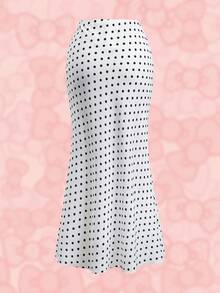 HELLO KITTY AND FRIENDS | SHEIN Women's Polka Dot Pattern Fishtail Hem Fashionable Midi Skirt - White - View 2