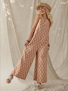 Wildy American Casual Western Country Retro Women's Spring/Summer Basic Outfit, Sleeveless Jumpsuit With Pockets For Daily Wear And Commuting - Khaki - View 3