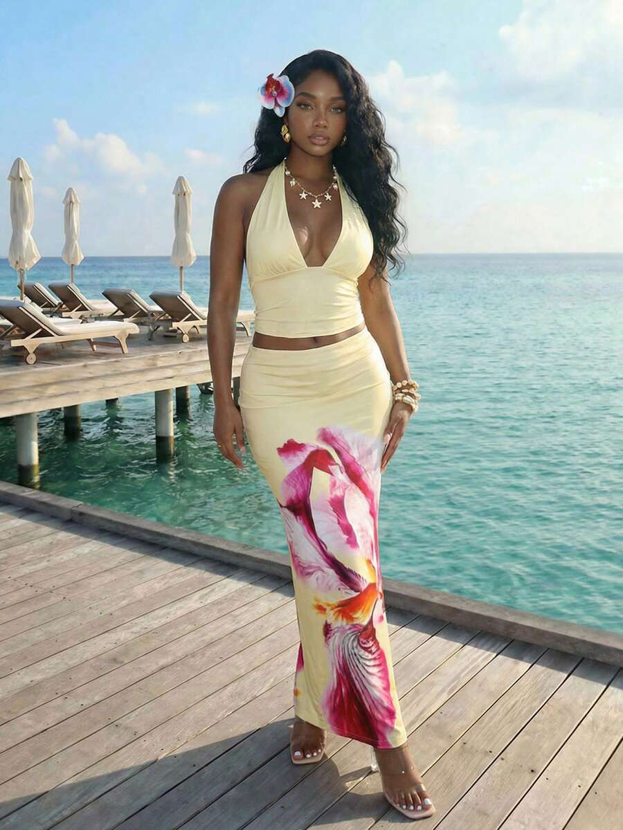 Slaydiva Hàng mới về mùa hè: Tiệc sinh nhật, Trở lại trường học, Phong cách Preppy, Trang phục học sinh, Đi chơi thường ngày, Các món đồ cơ bản đa năng, Thường ngày, Kỳ nghỉ, Du lịch biển, Bãi biển, Bên bờ biển, Tắm nắng, Các mặt hàng, Phong cách đường phố, Gợi cảm & Thanh lịch, Áo hai dây cổ yếm cổ chữ V, Chân váy maxi đuôi cá, Họa tiết hoa lớn, Bộ đồ nữ màu vàng kem - A