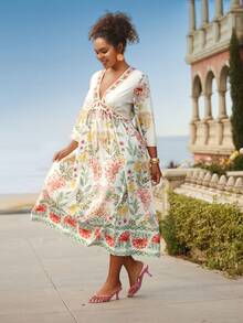 Travachic Rochie maxi cu mânecă lungă și imprimeu floral tropical pentru femei, mărime mare, rochie lejeră cu papion, decolteu în V, spate fără bretele, rochie cu decor cu volane, rochie romantică pentru sărbători și întâlniri insulare - Multicolor - Vizualizare 5