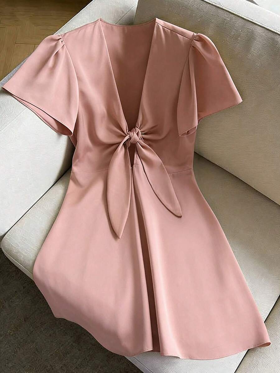 GlowEve CURVE Plus Size Women's Early Spring Casual V-Neck A-Line Tie-Front Dress, Pink - Dusty Pink - View 1