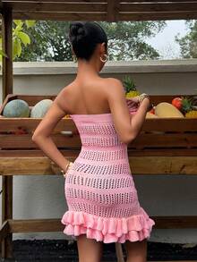 Sunnyshic 女士性感沙滩时尚粉色无肩带镂空紧身迷你连衣裙针织毛衣裙 - 淺粉色 - 查看 2