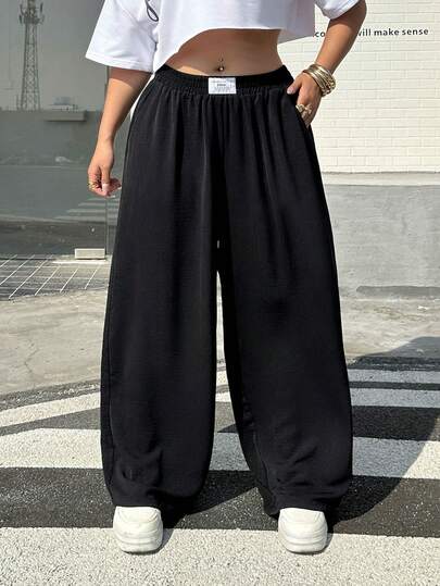 Muchica Plus Size Women Elastic Waist Pockets Casual Versatile Daily Wear Wide Leg Pants