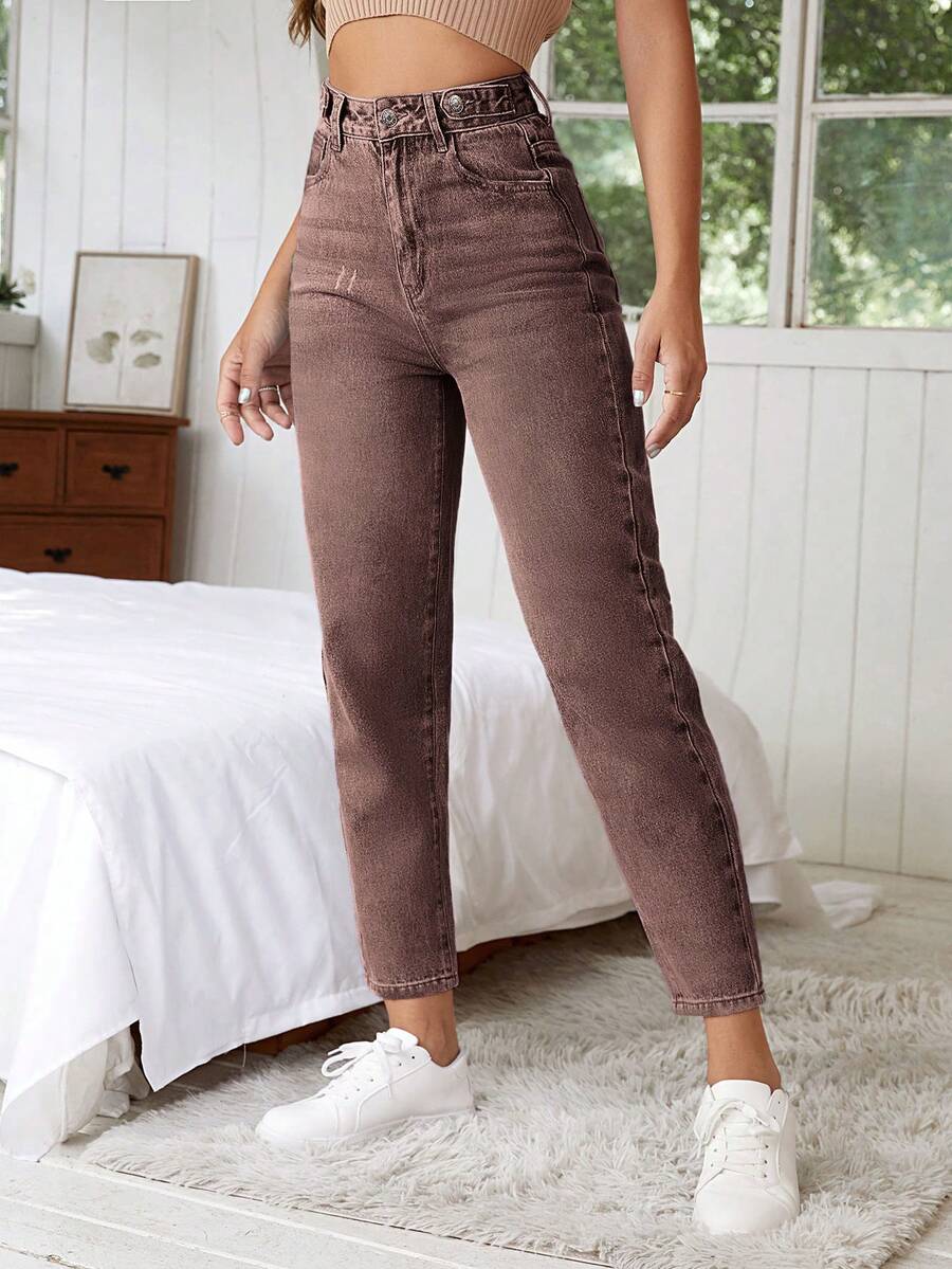 SHEIN Essnce 女式高腰锥形休闲百搭牛仔裤 - 咖啡棕 - 查看 1