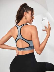 Rhythm Era Contrast Trim Zipper Tie-Dye Print Scoop Neck Sports Bra - Black - View 5