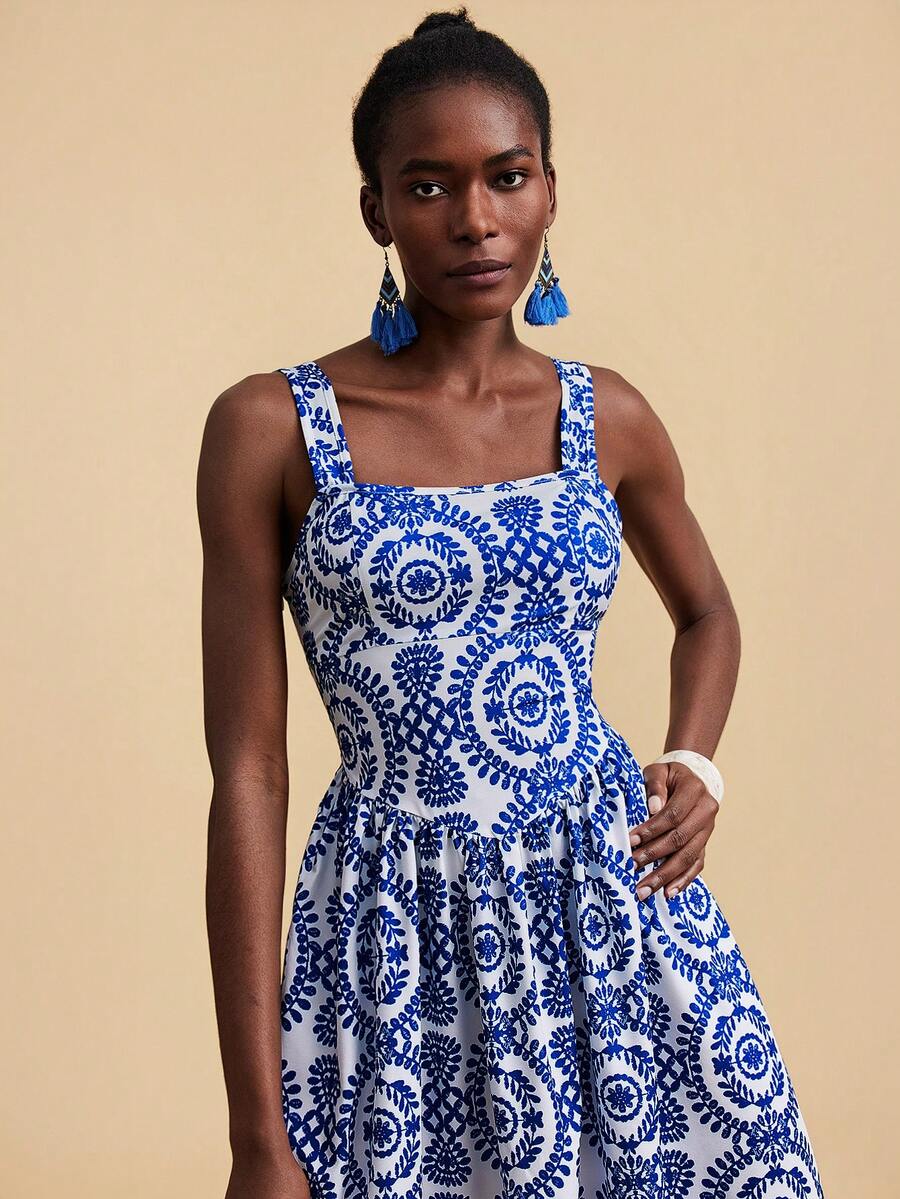 Travachic Women's Vacation Plant Pattern Casual Sleeveless Dress - Blue and White - View 1