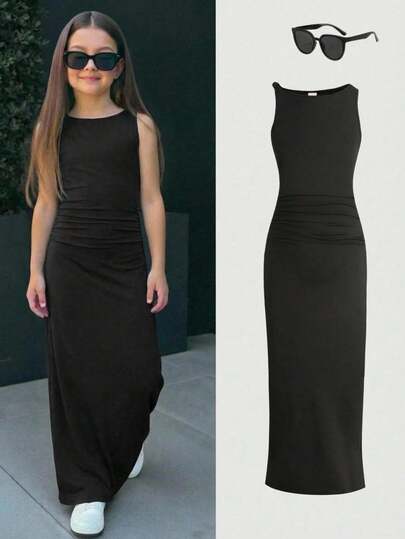 SHEIN Vestido casual de cuello redondo sin mangas con abertura en el bajo para niñas preadolescentes