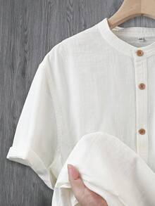 Alderstead 男士纯色纽扣半开襟短袖休闲通勤衬衫 - 白色 - 查看 7