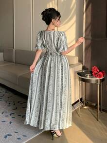 DAZY 女士优雅印花花瓣袖扭结连衣裙，夏季 - 黑與白 - 查看 6