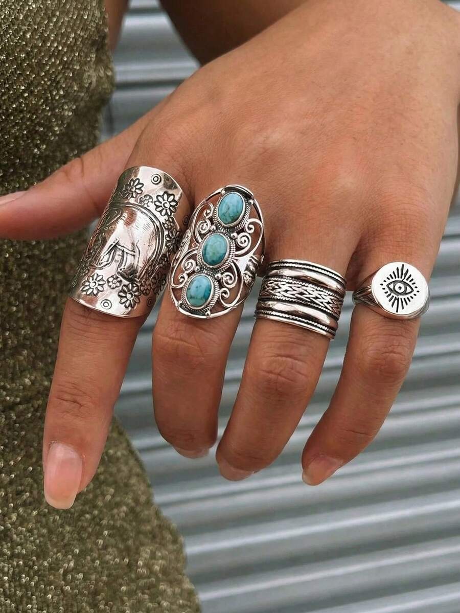 Rovax 4pcs Bohemian Vintage Silver Elephant & Turquoise Inlaid Wide Ring Totem Eye Design Rings For Women - Antique Silver - View 1