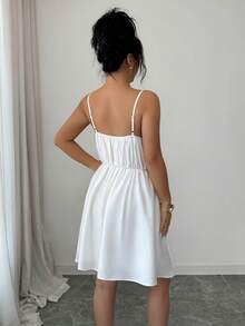 Elenzga Sleeveless Floral Lace Patchwork Elastic Waist A-Line Elegant Casual Sexy Summer Beach Dress For Women - White - View 2