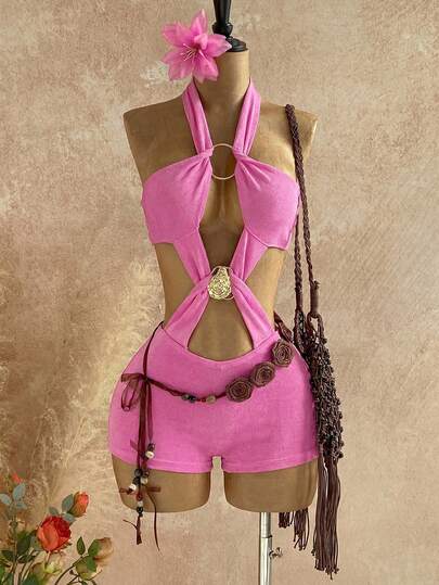 Soleia New Casual Vacation Western Beach Wedding Guest Attire, Graduation Brunch, St. Patrick's Day Spring Break, Easter Music Festival, Elegant Boho Tropical Valentines Christmas Sexy Backless Halter Romper With Metallic Cutout Design