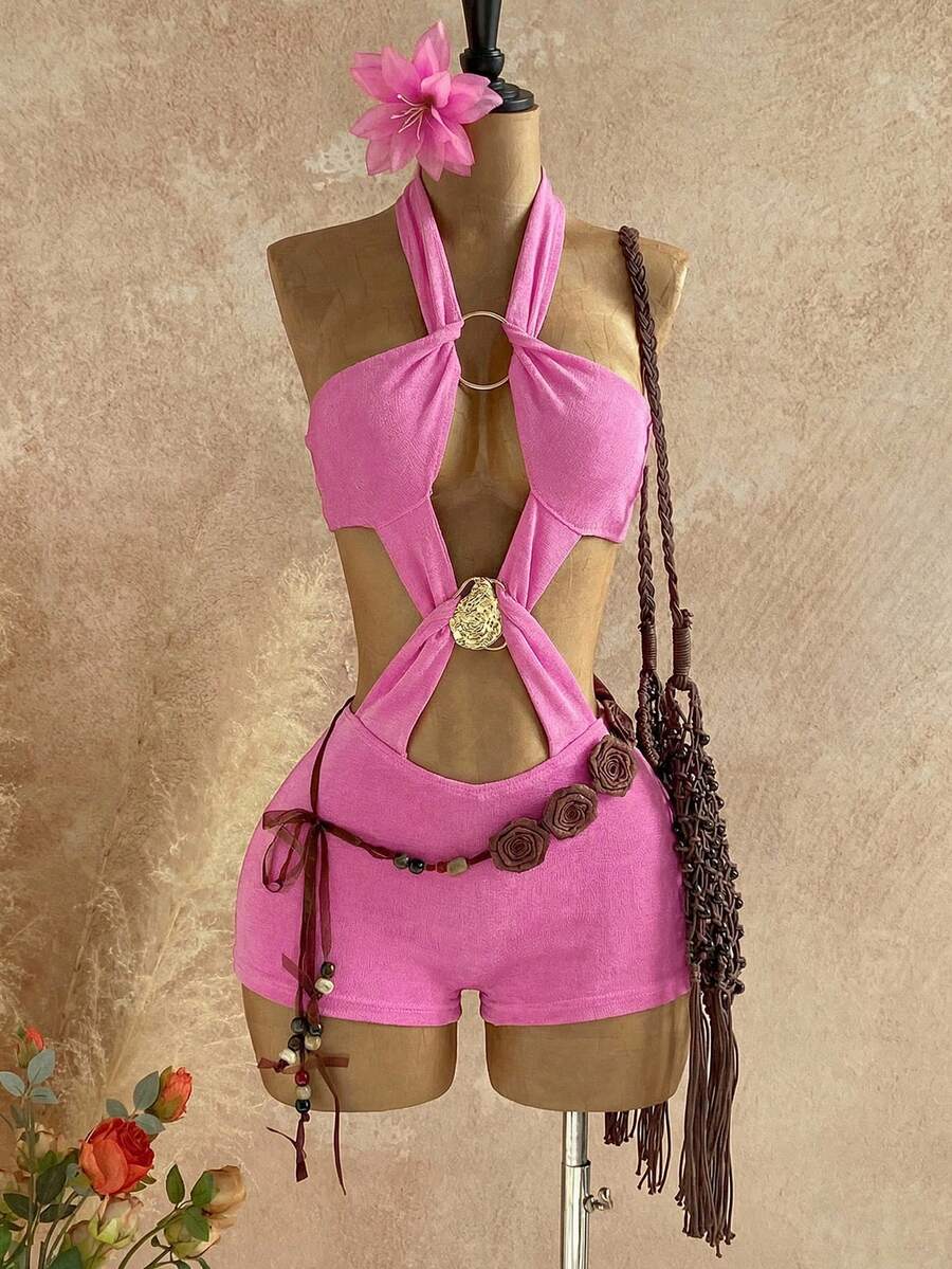 Soleia New Casual Vacation Western Beach Wedding Guest Attire, Graduation Brunch, St. Patrick's Day Spring Break, Easter Music Festival, Elegant Boho Tropical Valentines Christmas Sexy Backless Halter Romper With Metallic Cutout Design - Pink - View 1