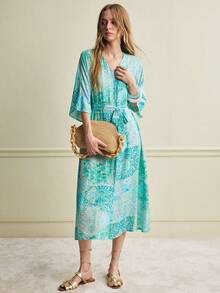 Écloséra Women's Lake Blue V-Neck Pelesse Print Midi Dress – Waist-Cinching Summer Style | Elegant Spring-Summer Outfit For Office, Beach & Holiday Wear‌ - Green - View 3