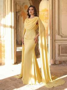 Aureia 大码优雅浪漫黄色圆领拼接灯笼袖鱼尾连衣裙，适合网红派对、庆典、正式活动、晚宴等场合。 - 黃色 - 查看 7