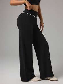 Dewbera Dewbera Pantalones anchos de mujer para yoga, deportes, fitness al aire gimnasio, con cintura con rayas de color contrastante, básicos y casuales - Negro - Ver 7
