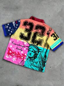 Manfinity EMRG Retro amerikanischer Graffiti Kurzarm locker geschnittenes Crop Top, Freiheitsstatue + amerikanische Flagge Elemente Dopamin Kontrastfarbe Lässig Hemd für Herren - Verschiedenfarbig - Übersicht 2