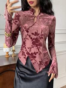 EastFlair 女士碎花图案纽扣上衣，中国风 - 珊瑚粉 - 查看 4