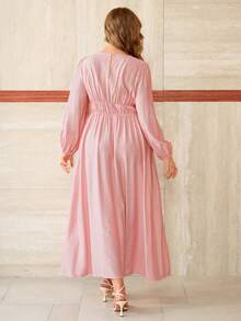 Roveilla Spring/Summer New Women's Round Neck Waist Cinched Lantern Sleeve Long Sleeve Lustrous Textured Flowy Elegant Dress - Pink - View 2