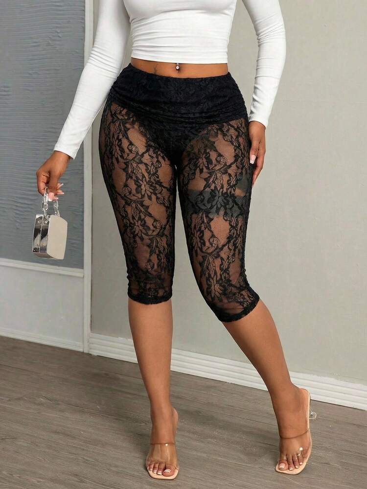 Slaydiva 新款春季、春夏音乐节、情人节、复活节休闲、简约基础风、Y2K街头甜美风、畅销款、日常约会、辣妹风、性感、运动时尚风、褶裥腰、折叠腰、黑色蕾丝、七分裤、骑行裤、女士长裤 -A - 黑色 - 查看 6