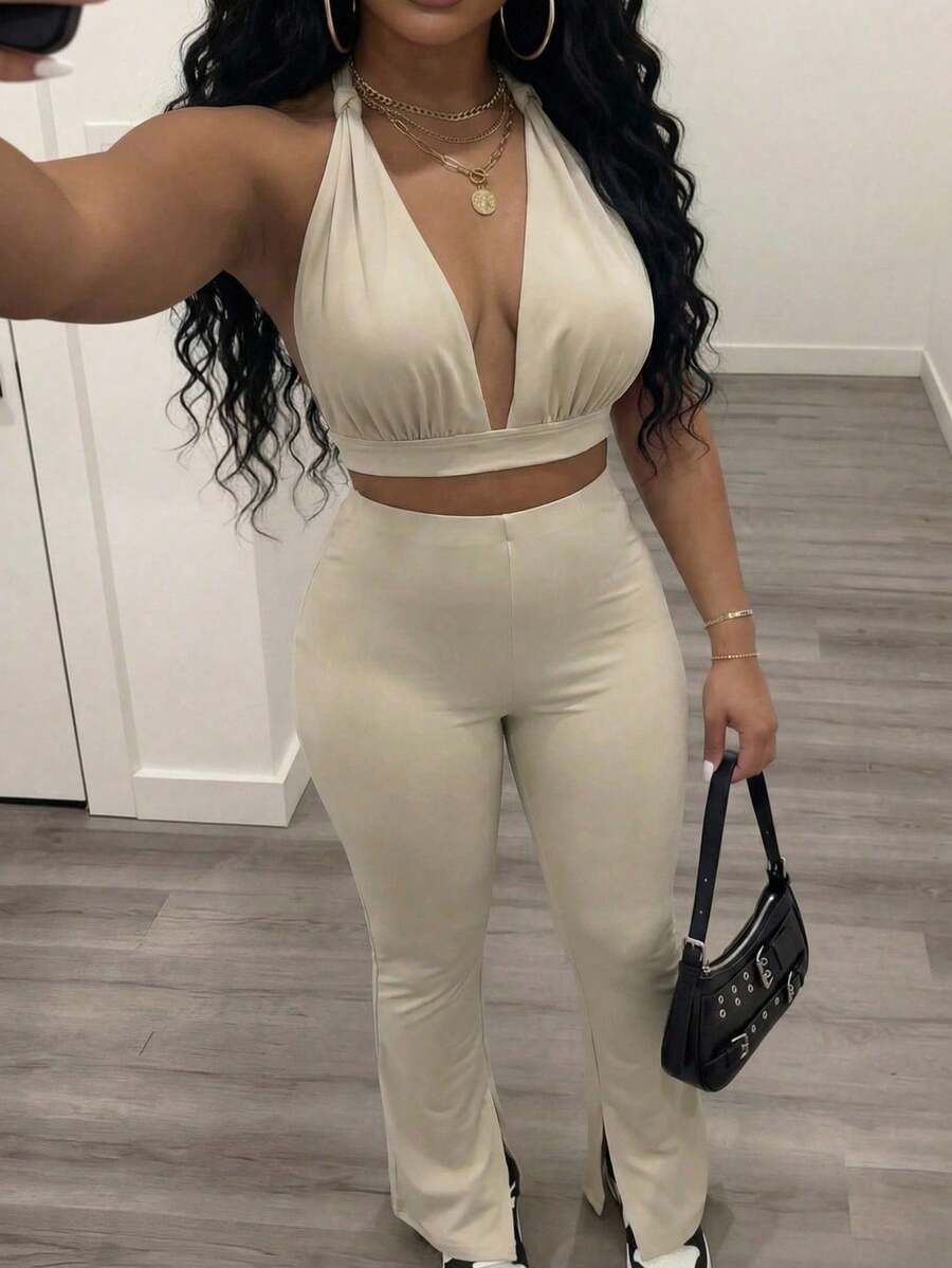 Slaydiva New Spring, Spring And Summer Music Festival, Valentine's Day, Easter Casual, Simple And Basic Style, Y2K Street Sweet, Hot , Cruise Vacation, Daily Date, Hot Girl Style, Sexy Party, Halter, Deep V-Neck, Large Backless Cut Short Vest + Tight Pants, Slit At The Hem, Light Khaki Suit, Women's Two Pieces Set -A - Khaki - View 1