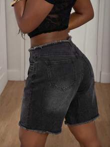Slaydiva Trang phục mùa hè dành cho nữ, kiểu dáng thường ngày, thích hợp cho tiệc tùng hoặc đi nghỉ mát. Quần short denim màu xám, có túi, cài nút, đính đá và tua rua, kiểu dáng thoải mái, đa năng, phù hợp mặc hàng ngày. - Xám - Xem 2