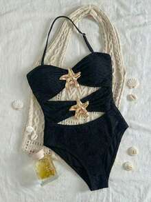 SHEIN Teen Girls V-Neck Floral Metal Buckle Textured Knit Backless One-Piece Swimsuit, Vacation Beachwear - Black - View 1